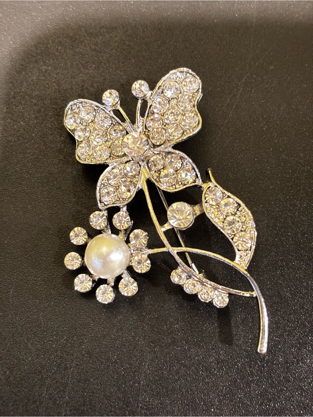 Ella Silver Crystal Butterfly & Pearl Floral Brooch